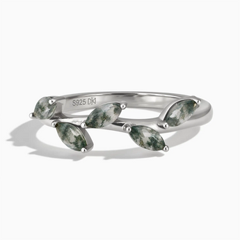 925 Sterling Silver Marquise Moss Agate Leaf Ring - Secret Garden Front View