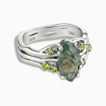 925 Sterling Silver Marquise Moss Agate Peridot Branch-Like Ring - Regal Gleam Front View
