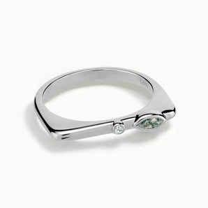 925 Sterling Silver Marquise Moss Agate Puzzle Stacking Ring - Minimal Glow Front View