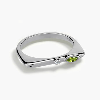 925 Sterling Silver Marquise Peridot Puzzle Stacking Ring - Minimal Glow Front View