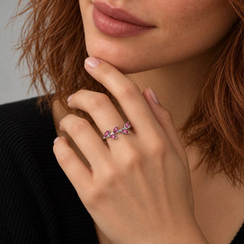 925 Sterling Silver Marquise Pink Tourmaline Leaf Ring Secret Garden Model Shot