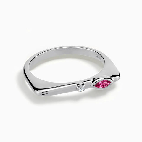 925 Sterling Silver Marquise Pink Tourmaline Puzzle Stacking Ring - Minimal Glow Front View