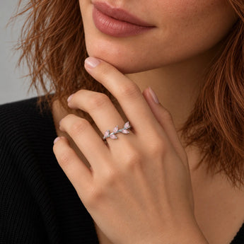 925 Sterling Silver Marquise Rose Quartz Leaf Ring Secret Garden Model Shot