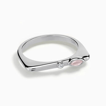 925 Sterling Silver Marquise Rose Quartz Puzzle Stacking Ring - Minimal Glow Front View