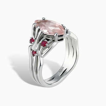 925 Sterling Silver Marquise Rose Quartz Ruby Branch-Like Ring - Regal Gleam Side View
