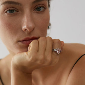 925 Sterling Silver Marquise Rose Quartz Ruby Branch-Like Ring - Regal Gleam Worn View