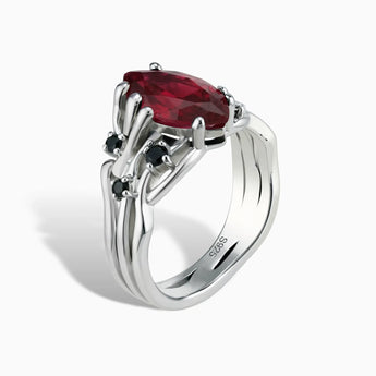 925 Sterling Silver Marquise Ruby Black Onyx Branch-Like Ring - Regal Gleam Side View