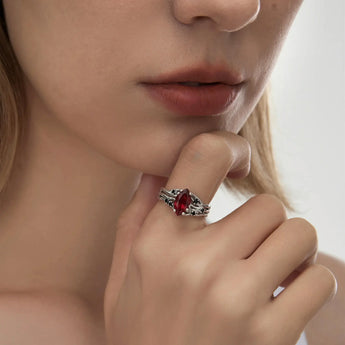 925 Sterling Silver Marquise Ruby Black Onyx Branch-Like Ring - Regal Gleam Worn View