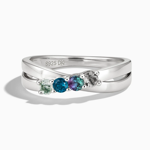 925 Sterling Silver Midnight Forest Four Round Stone Crossover Ring - Seasons Rhythm Front View