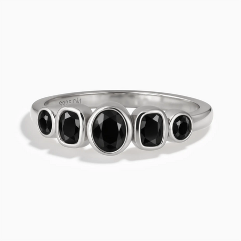 925 Sterling Silver Mixed-Cut Black Onyx Graduated Ring - Pebble Glow Front View