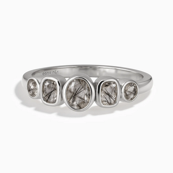 925 Sterling Silver Mixed-Cut Black Rutilated Quartz Graduated Ring - Pebble Glow Front View