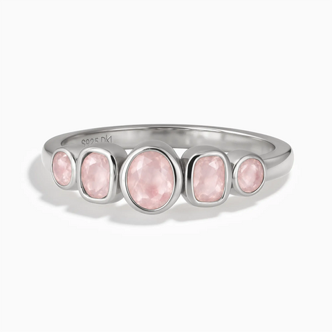 925 Sterling Silver Mixed-Cut Rose Quartz Graduated Ring - Pebble Glow Front View