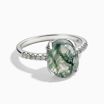 925 Sterling Silver Moss Agate Cabochon Ring - Minimal Spiritual Front View