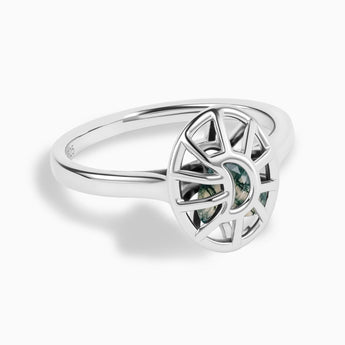 925 Sterling Silver Moss Agate Crescent Moon Hollow Oval Shaker Ring - Soul Cage Angled Front View