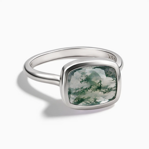 925 Sterling Silver Moss Agate Cushion Ring - Pure Hush Front View