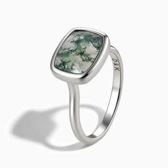 925 Sterling Silver Moss Agate Cushion Ring - Pure Hush Side View