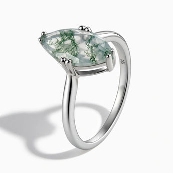 925 Sterling Silver Moss Agate Marquise Ring - Silent Glow Side View