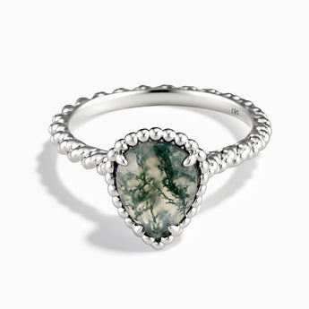 925 Sterling Silver Moss Agate Pear Ring - Still Light Front View