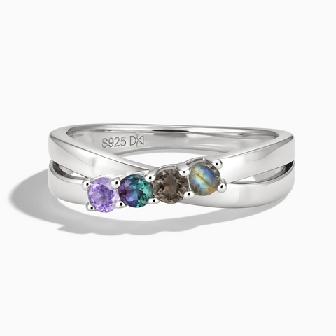925 Sterling Silver Mystic Nebula Four Round Stone Crossover Ring - Seasons Rhythm Front View
