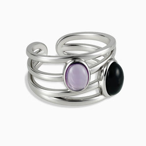 925 Sterling Silver Oval Amethyst & Black Onyx Ring - Echo of Balance Front View