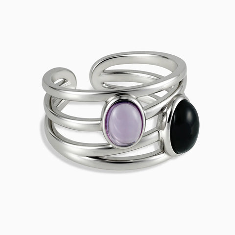 925 Sterling Silver Oval Amethyst & Black Onyx Ring - Echo of Balance Front View