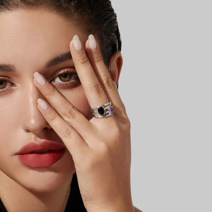 925 Sterling Silver Oval Amethyst & Black Onyx Ring - Echo of Balance Model Shot