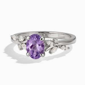 925 Sterling Silver Oval Amethyst Branch-Like Ring - Sylvan Charm Front View