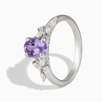 925 Sterling Silver Oval Amethyst Branch-Like Ring - Sylvan Charm Side View