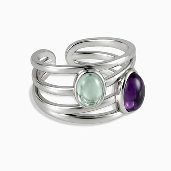 925 Sterling Silver Oval Amethyst & Green Amethyst Ring - Echo of Balance Front View