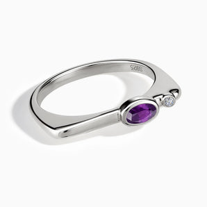 925 Sterling Silver Oval Amethyst Puzzle Stacking Ring - Minimal Form Front View
