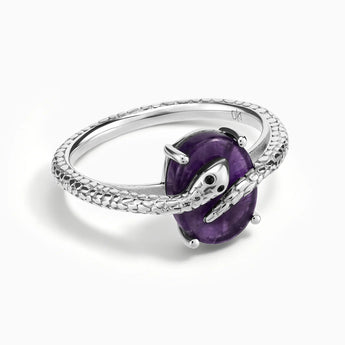 925 Sterling Silver Oval Amethyst Wrap Serpent Ring - Coiled Sanctum Front View
