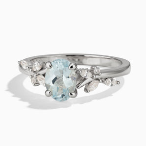 925 Sterling Silver Oval Aquamarine Branch-Like Ring - Sylvan Charm Front View