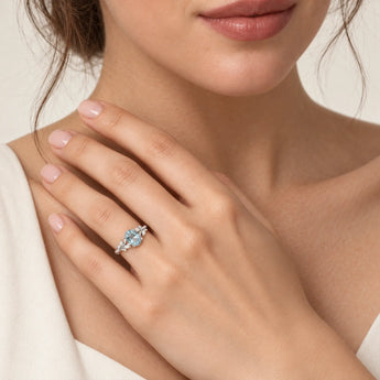 925 Sterling Silver Oval Aquamarine Branch Like Ring Sylvan Charm Worn View
