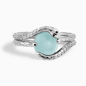 925 Sterling Silver Oval Aquamarine Coil Ring - Serpent's Embrace Front View