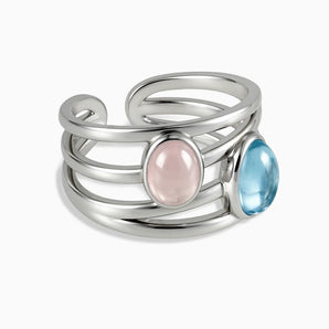 925 Sterling Silver Oval Aquamarine & Rose Quartz Ring - Echo of Balance Front View