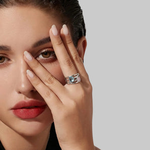 925 Sterling Silver Oval Aquamarine & Rose Quartz Ring - Echo of Balance Model Shot