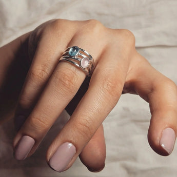 925 Sterling Silver Oval Aquamarine & Rose Quartz Ring - Echo of Balance Worn View