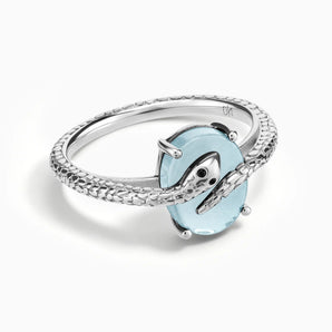 925 Sterling Silver Oval Aquamarine Wrap Serpent Ring - Coiled Sanctum Front View