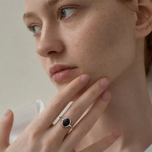 925 Sterling Silver Oval Black Onyx Bezel Ring - Harmony Model Shot