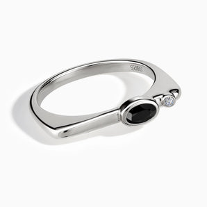 925 Sterling Silver Oval Black Onyx Puzzle Stacking Ring - Minimal Form Front View