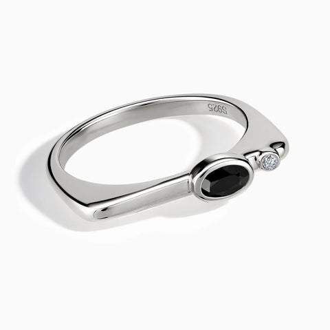 925 Sterling Silver Oval Black Onyx Puzzle Stacking Ring - Minimal Form Front View