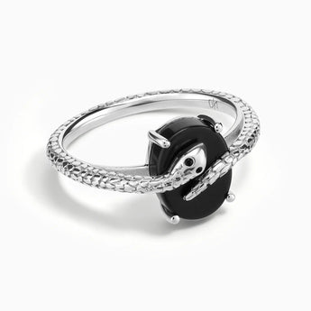 925 Sterling Silver Oval Black Onyx Wrap Serpent Ring - Coiled Sanctum Front View