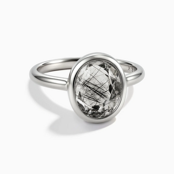 925 Sterling Silver Oval Black Rutilated Quartz Bezel Ring - Harmony Front View