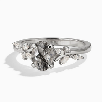 925 Sterling Silver Oval Black Rutilated Quartz Branch-Like Ring - Sylvan Charm Front View