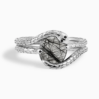 925 Sterling Silver Oval Black Rutilated Quartz Coil Ring - Serpent's Embrace Front View