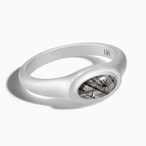 925 Sterling Silver Oval Black Rutilated Quartz Sandblasted Ring - The Horizon Front View