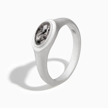 925 Sterling Silver Oval Black Rutilated Quartz Sandblasted Ring - The Horizon Side View