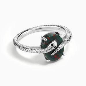 925 Sterling Silver Oval Bloodstone Wrap Serpent Ring - Coiled Sanctum Front View