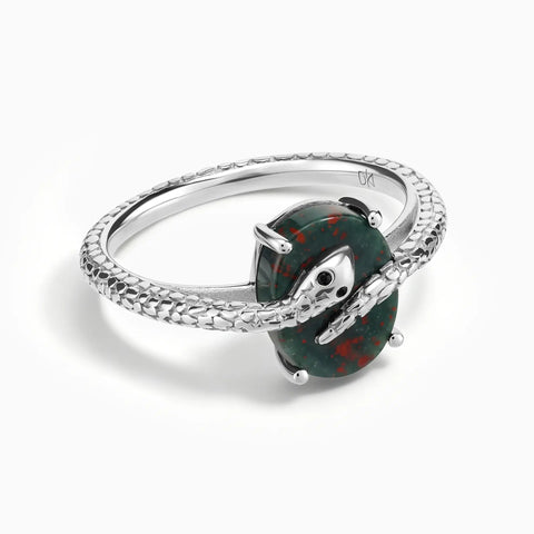 925 Sterling Silver Oval Bloodstone Wrap Serpent Ring - Coiled Sanctum Front View