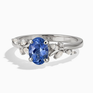 925 Sterling Silver Oval Blue Sapphire Branch-Like Ring - Sylvan Charm Front View
